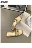Fashion Weave Slippers Women Square Toe Flat Casual Shoes Brand Slide 2023 Summer Flip Flops Black Gold Sliver Beach