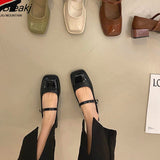 Flat Shoes Women Leather Shoes Square Toe Spring Autumn Single Shoes Mary Jane Black