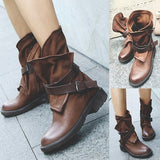 Medium Military Boots Women Buckle Artificial Leather Patchwork Shoes sapatos mulheres confort