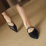 Women Slippers Pointed Toe Design Shallow Slip on Thin Low Heels Black Flock Design Casual Mules Loafers Black