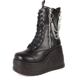 Big Size 43 Black Zipper Lace Up Chain Wedges Platform women's Motorcycle Boots Thick Bottom Fashion Gothic Punk