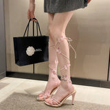 Breakj Texture Strap With High Heels Female 2024 Summer One Word With A Bow Fairy Wind Fine Heel Roman Open Toe