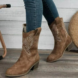 Breakj Women's Embroidery Sleeves Vintage Boots Vintage Mid-Cute Head Western Cowboy Boots For Fall/Winter