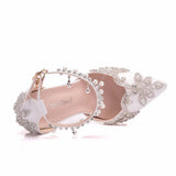 Breakj White Pointed Crystal Wedding Shoes Coarse Heel Ultra-High Heel Bridal Shoes Buckle Tuxedo Water Drill Women