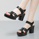Breakj Leather High Heel Waterproof Sandals Women Fashion Crocodile Pattern Walking Shoes Summer Coarse Heel Magic Sticky H Women's