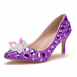Quee Cinderella Glass Slipper Sexy 7cm Pointed High-Heels Rhinestone Sequins Bridesmaid Wedding