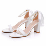 Breakj Cm Thick Heeled Light Mouth With Sandals Round Head Beads Tied With High Heel Sandals White Wedding Shoes
