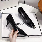 Breakj Summer New Black Patent Leather High Heels Fine Heel Temperament Square French Girl Professional Fashion Single