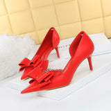 Breakj Korean Version Pedicure Slim And Sweet Women's Shoes Thin Heel High Heel Shallow Tip Side Hollow Bow Single