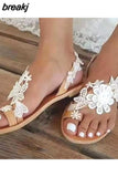 Summer Women Sandals Sweet Boho Pearl Decoration Sandals Leather Flats Plus Size Women Beach Sand Holiday Shoes