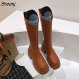 Winter Chunky Women Knee High Boots Thick Sole Square Heel Round Toe Zipper Ladies Keep Warm Long Boots Knight