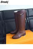Sexy Women Motorcycle Booties Belt Strap Metal Shark Lock Flat Heel Knee High Boots Woman Genuine Leather Botas