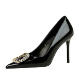 Breakj Banquet Rhinestone Belt Buckle Women's Shoes Patent Leather Shallow Pointed High Heel Single