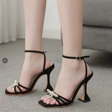 Breakj Large-Size High-Heeled Sandals Women Wear Water Drill Bows Solid Color Fine High Heels Sexy Word