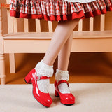 Style Girls Cosplay Mary Jane Shoes Square Heel Spring Autumn Glossy PU Leather Candy Colour Uniform Shoe Plus Size