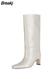 Retro Crocodile Print Woman Boots Square Toe Low Heel Blue Big Size Slip-on Knee-length Boots Autumn Shoes For