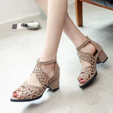 Spring And Summer Korean Version Of The Heel Fish Mouth Hollow Sandals Women Zipper Thick Heel Rhinestone Women's Shoes Plus