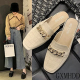New Chain Mules Women Slides Square Toe Ladies Striped Shoes Summer Fashion Footwear Plus Big