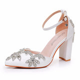 Breakj Cm Coarse Heel Pointed Shoes Hollow Shoes Square Sandals Water Drill Wedding Shoes Female White Wedding Shoes
