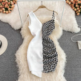 Women Dress 2023 New Stylish Plaid Print Patchwork Bodycon Mini Dress Spaghetti Strap Sleeveless Sexy Night Party