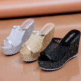 Golden Women Slippers Summer Shoes Platform 4cm Outside Fitting-room 11cm High Heels Wedges Solid Mesh Female Sliver