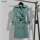 New Autumn Winter Elegant Women Double Breasted Solid Trench Coat Vintage Turn-down Collar Warm Trench with