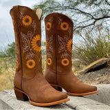 Women's Embroidered Boots Printed Glitter Western Cowgirl Boots Retro Toe Mid Calf Chunky Heel Boots Roman Style Botas