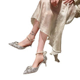 Breakj Temperament Pointed Bow Pearl Word With Silver High Heels Fine Heel Adult Lilies Hollow Lolita