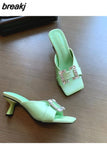Button Slippers Women Fashion Square Toe High Heel Slide Candy Color Sandal Ladies Elegant Mule Shoe Flip Flops