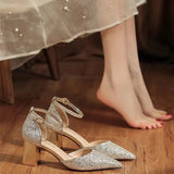 Breakj Shoes Crystal Shoes Women Wedding Shoes White Wedding Shoes Coarse Hedliers Buckle High