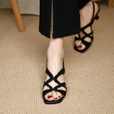 New Cross Hollowed Out Square Toe Sandals With Summer Black Heels Women's