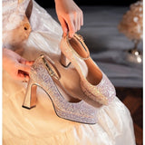 Breakj Thick With New Mary Jane Crystal Shoes A Word Button Wedding Shoes Bride Shoes Small Square Head High Heels