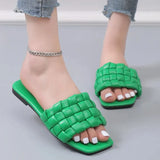 Weave Soft Slippers for Women Summer 2023 Orange PU Leather Beach Flip Flops Female Square Toe Flat Sandals Plus Size