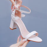 Breakj Cm Thick Heel Shallow Mouth With Sandals Round Head Fish Mouth Flowers Nails High Heel Sandals White Wedding