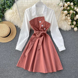Women Casual Shirt Dress Spring Autumn Turn-down Collar Patchwork Button A-line Dress Sweet Female