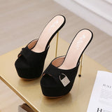 Sexy Crystal Metal Decoratio Platform Slippers Concise Shoes for Women 2022 Summer High Heels Patchwork