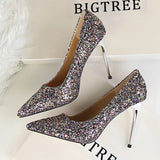 Breakj Women's Shoes High Heel Shallow Pointed Shining Sequins Sexy Thin Nightclub High