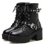 Sexy Rivet Autumn Boots Women Platform Boots Black Leather Gothic Punk Style Combat Boots For Women Mid Heels