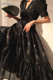 Black Floral Midi Dress Women Short Sleeve French Elegant Dress Beach 2023 Summer Casual Korean Evening Party