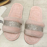Luxury Rhinestone Women Warm Fur Slippers Cozy Fluffy Furry Slides Crystal Flat Indoor Slides Design Home Shoes Ladies