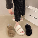 Slippers Female 2024 Autumn Winter New Large Size Elastic Belt Home One Word Plush Slippers