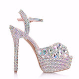 Queen Diamond Women Super High Heels Wedding Pumps 14cm Peep Shoes Platform 4CM Wristband Colorful