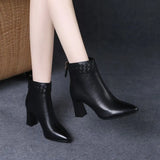Pointed Toe High Heels Ankle Boots for Women Brown Pu Leather Zipper Short Boots Woman Autumn Thick Heel