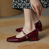 Breakj Spring Red Patent Leather Side Head Shallow Mouth Thick Low Heel French Retro Word With Mary Jane Singles
