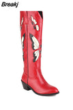 Big Size 34-43 Women Knee High Boots Cowboy Autumn Thick High Heels Pointed Toe Retro Butterfly Long Boots Shoes
