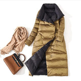New Women Double Sided Down Long Jacket Winter Turtleneck White Duck Down Coat Double Breasted Warm Parkas Snow