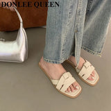 Fashion Weave Slippers Women Square Toe Flat Casual Shoes Brand Slide 2023 Summer Flip Flops Black Gold Sliver Beach