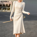 winter A-LINE sweater dress elegant knit Drawstring dress women slim midi dress Female chic knit elegant