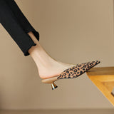 Design Feeling Of The New 2023 Pointed Thin-Heeled Baotou Semi-Heel Slippers Female Leopard Pattern