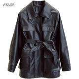 Slim PU Coats Women Faux Leather Jackets Vintage Motor Biker Jackets Elegant Tie Belt Waist Pockets Buttons